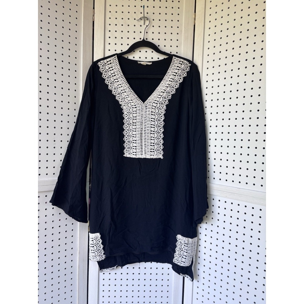 Hot & Delicious Women's Lg Crochet‎ Detail Tunic Flare Sleeve Lined Black Ivory